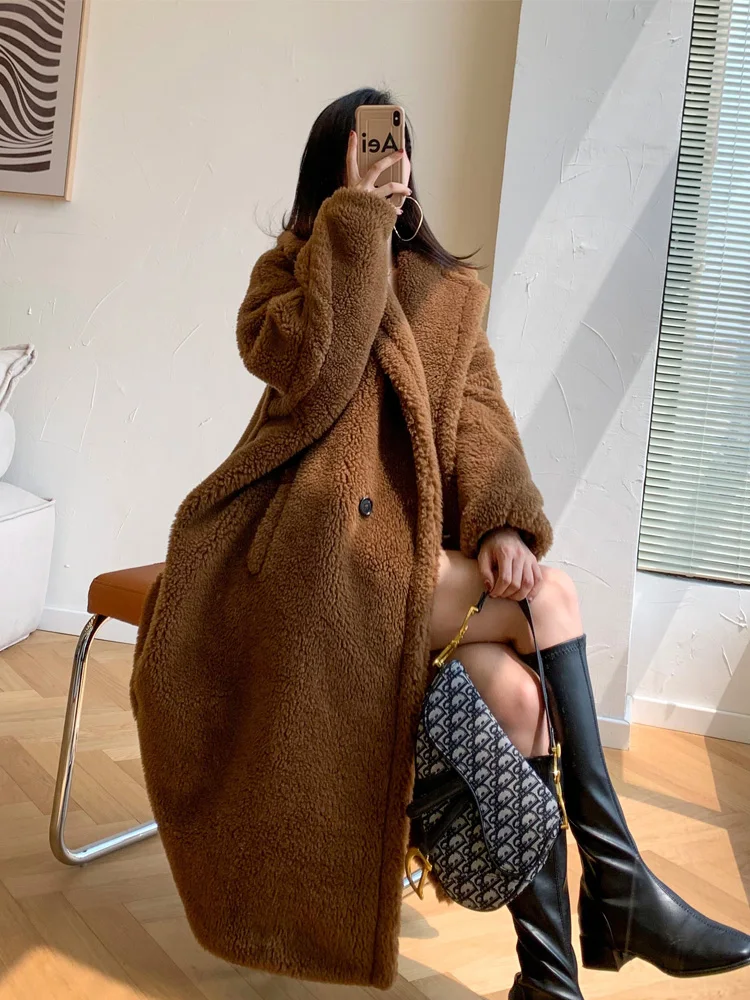 New Natural Teddy Bear Coat Long Women Mid-length Fashion Teddy Alpaca Real Fur Coat Loose Turn-down Collar Tide Autumn Winter