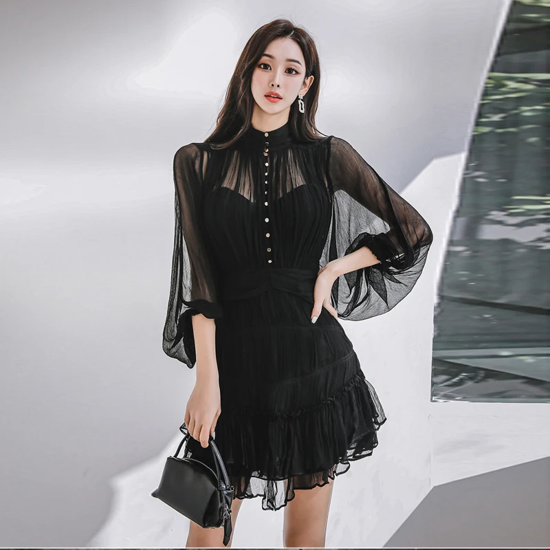 

Fashion Socialite Temperament Half High Collar Lantern Long Sleeved Dress Women's Summer Ruffled Edge Casual Chiffon Short Skirt