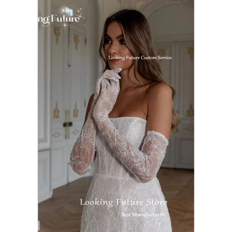 Simple A-Line Mini White Wedding Dress Sexy Strapless Formal Pleat Shiny Sequined Sleeveless Vintage Backless Short Customized 15 S1b69cc2fb25c4899a84895a2ab3764d80