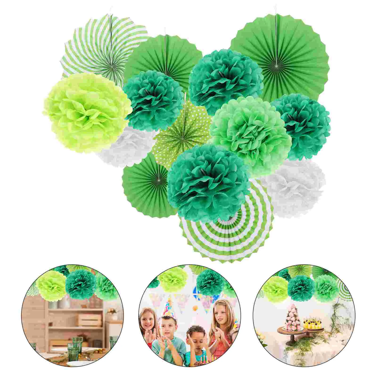 

14 Pcs Celebration Ceiling Decor Paper Flower Fan Ball Wedding Decorations Classroom Decorate Green Fans Pom for Party