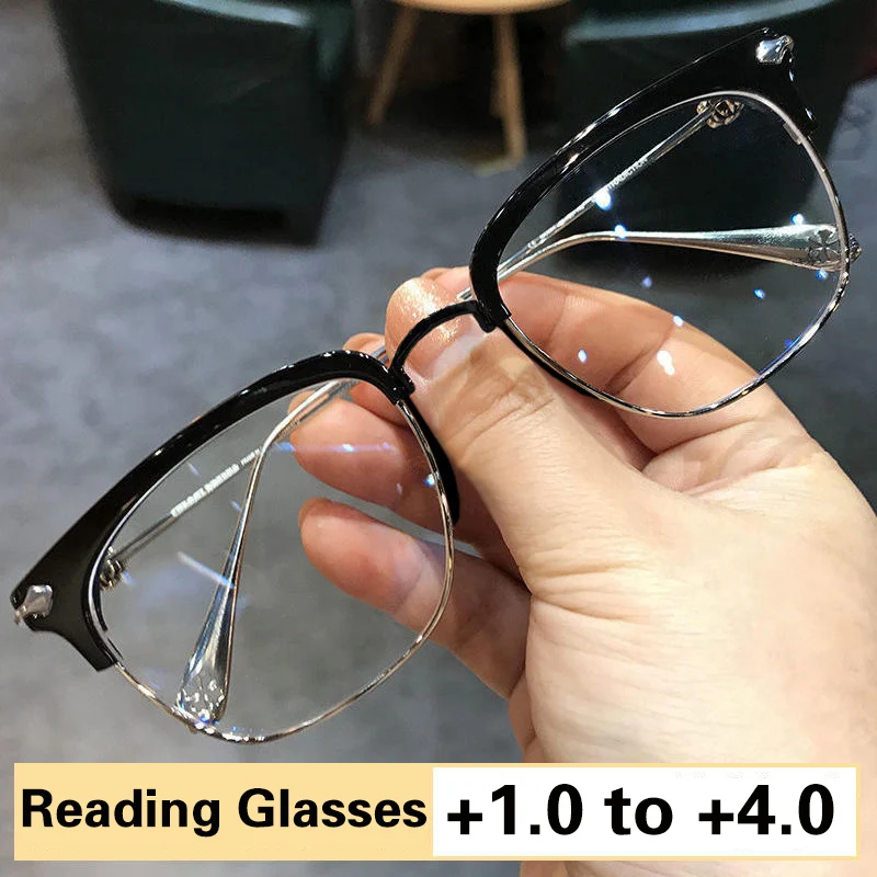 

Men Half Frame Reading Glasses Men Frame Titanium Alloy Ultra Light Blue Light Blocking Square Glasses Eye Glasses