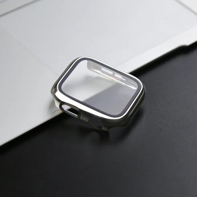 360 Full Cover for Apple Watch 45mm 41mm 44mm 40mm 42mm 38mm, Plating Case Glass Screen Protector for iwatch SE 7 6 5 4 3 2 1 Silver