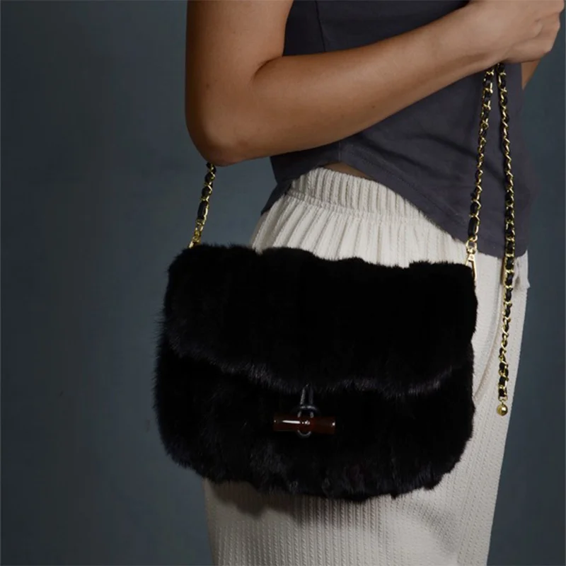 High Quality Mink Hair Shoulder Bag Fall Fashion Real Fur Ladies Chain Skew Straddle Bag High Design Dinner Party Wrist Bag