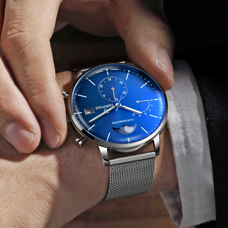 

FAIRWHALE Stainless Steel Watches for Mens Creative Fashion Moon Phases Dial with Chronograph Clock Male Casual Wristwatches