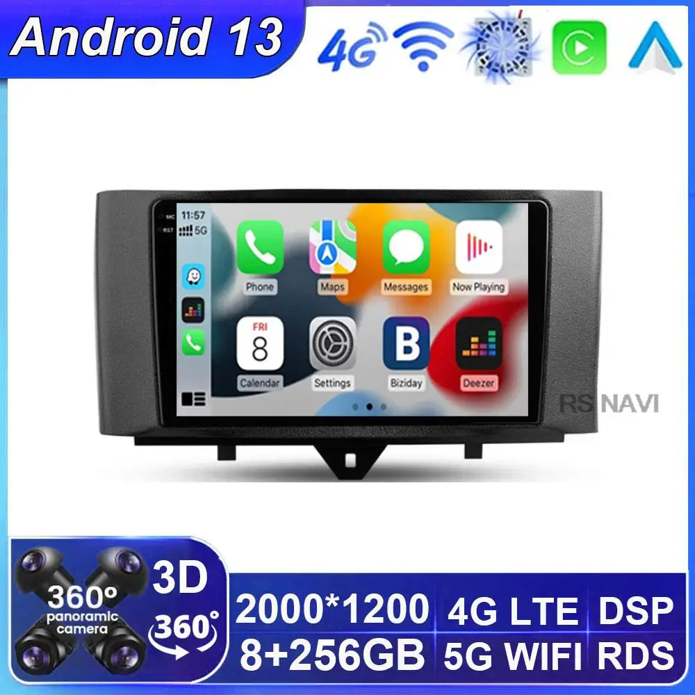 

2din Android 13 Car Radio Multimedia Player Carplay Auto GPS Navigation For Mercedes Benz Smart Fortwo 2005 - 2010 2011- 2015