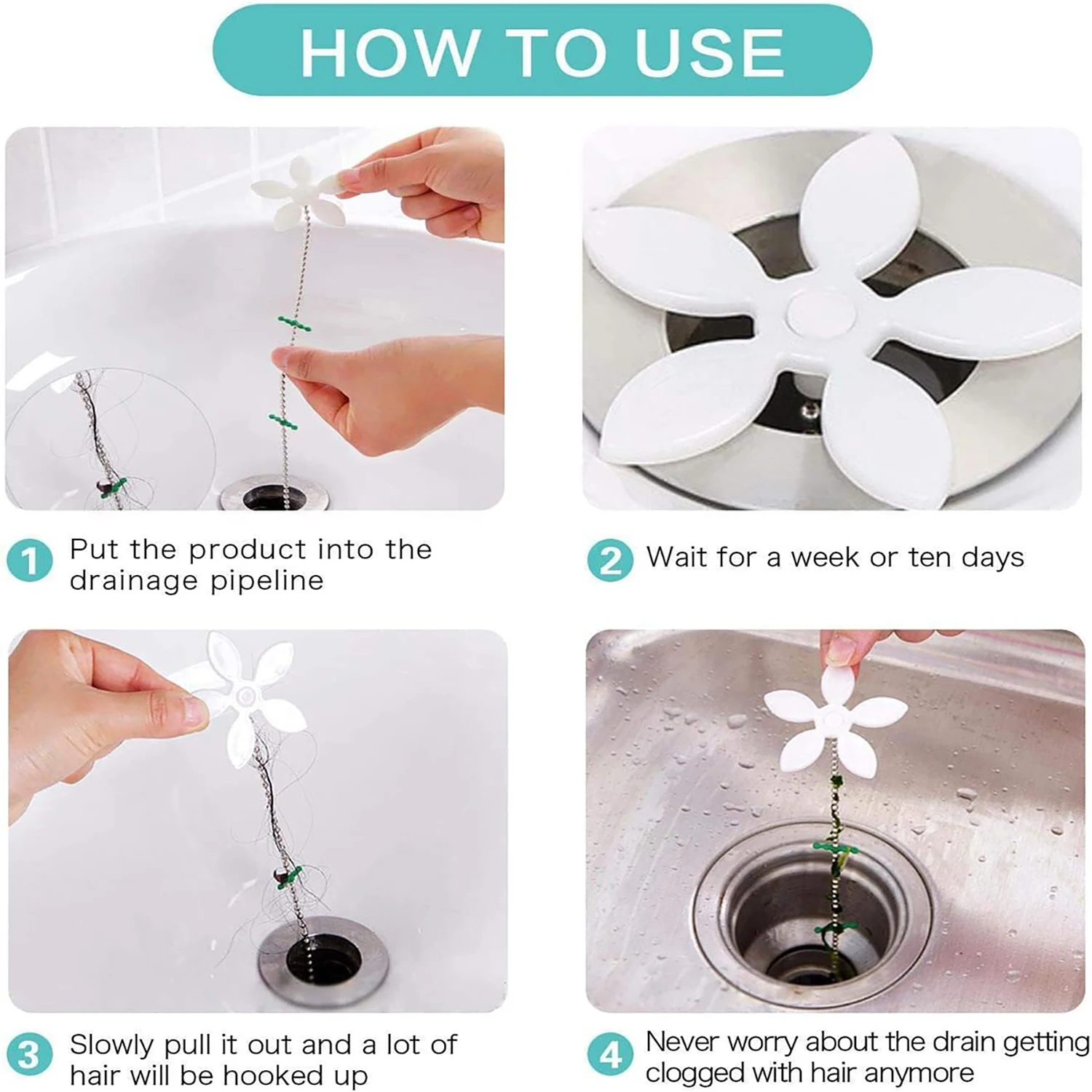 1/5/10Pcs Flower Shape Shower Drain Sink Remover Hair Filter Chain Hook Catcher Strainer Hair Snare for Bathroom Kitchen Bathtub 5