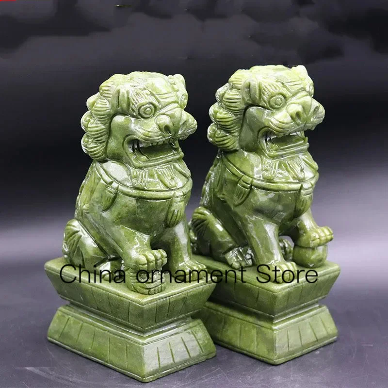 1 Paio Cina Green Jade Intagliato Fengshui Foo Fu Dog Guard Door Lion Office Decor