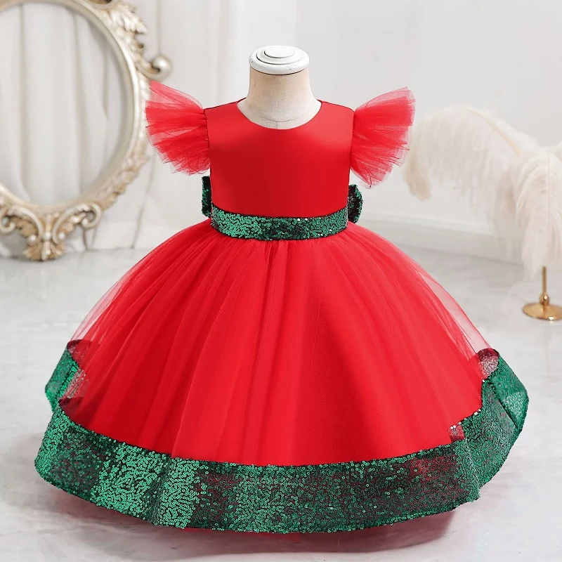 

Christmas 2023 new year dress 0-5-year-old Girls' baby birthday party embroidery Sequin lace gauze dress art photography clothes