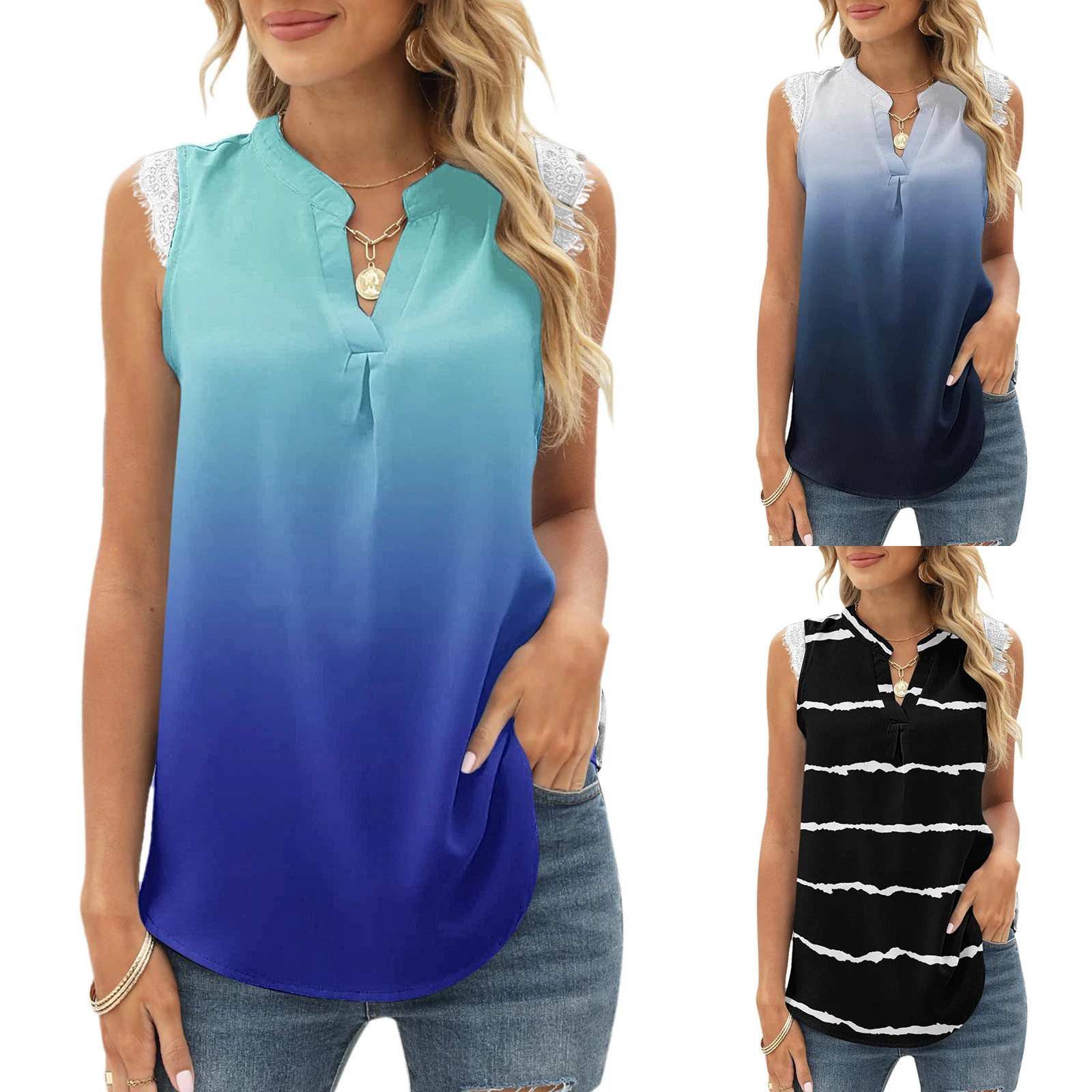 Aqua Pack Tops Women V Neck Print Tank Tops Lace Sleeveless Cami Beach Tops for Women with Sayings Cooling Tops for Women| | - AliExpress