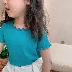 Girls' Casual Ice Silk Short-Sleeve Top - Summer Ear Edge Tee - 100cm (Blue)