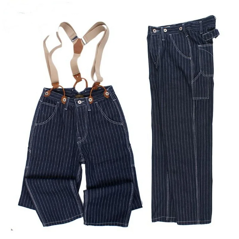 Men Striped Jeans Loose Railway Work Overalls Pants Strap Denim Pants Wide Leg Stripe Pants 2