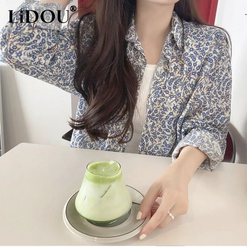 Spring Autumn New Korean Fashion Long Sleeve Women's Shirts Elegance Y2K Buttons Floral Printed Loose Casual Blouses Tops Femme