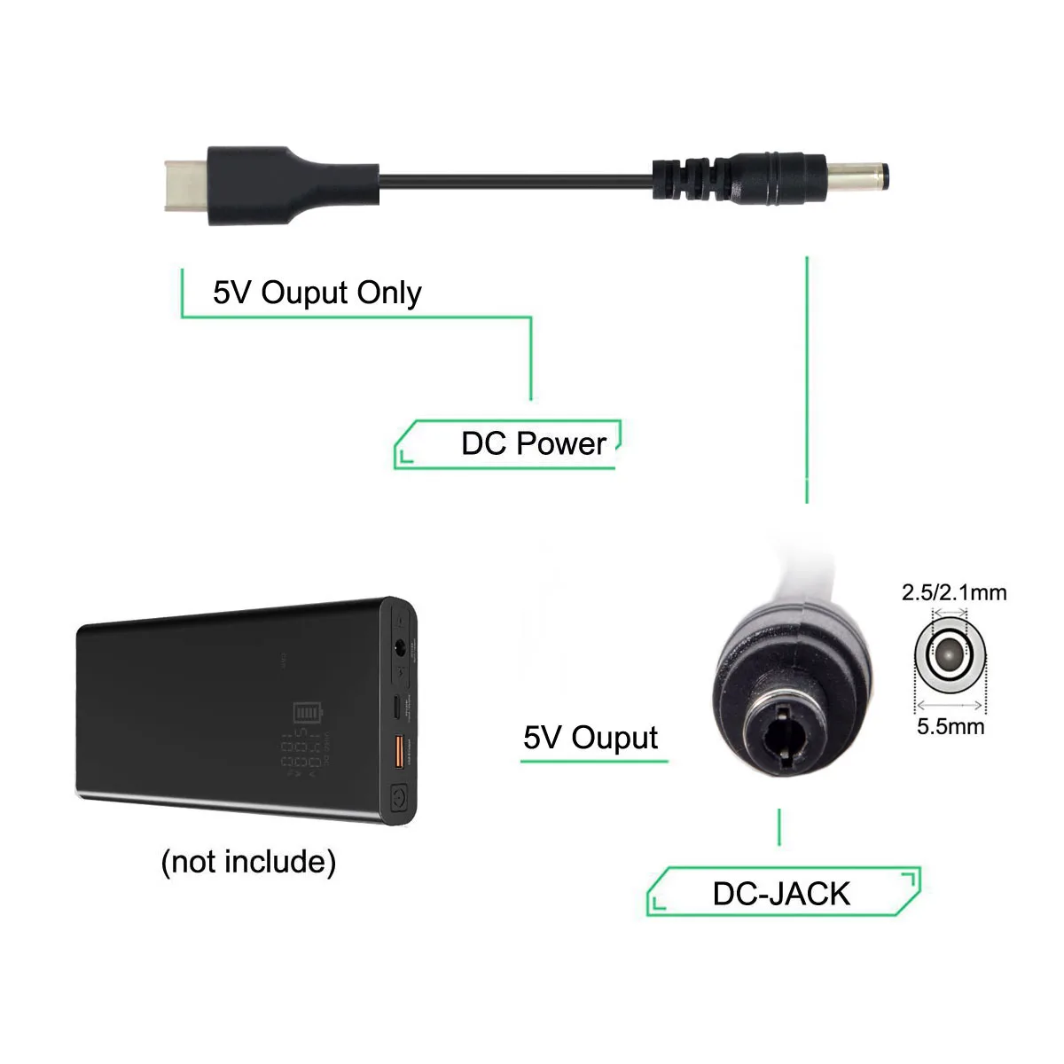 Cablecc USB 3.1 Type C USB-C to 5V DC 5.5*2.5mm Power Plug Extension Charge Cable 25cm for Cell Phone