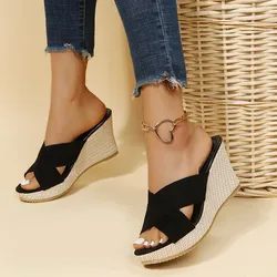 Luxury Beach Women‘s High Heel Slippers Espadrille Wedge Sandals Casual Peep Toe Slip on Platform Shoes Outdoor Slide Sandals
