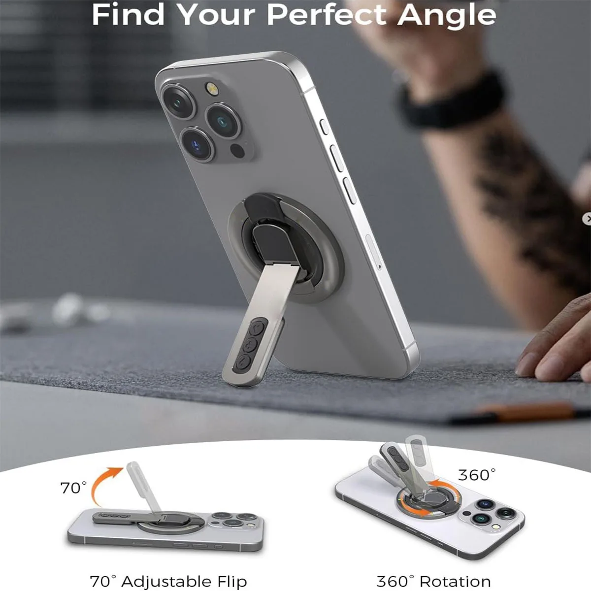 Magsafe-Compatible 360° Rotating Phone Grip & Kickstand with Pressure-Relief Silicone Finger Ring
