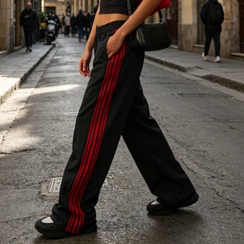 2026 New Women's Straight Leg Workout Pants Fashio Ladies Side Stripes Loose Fit Jogger Pants Casual Straight-Leg Sweatpants