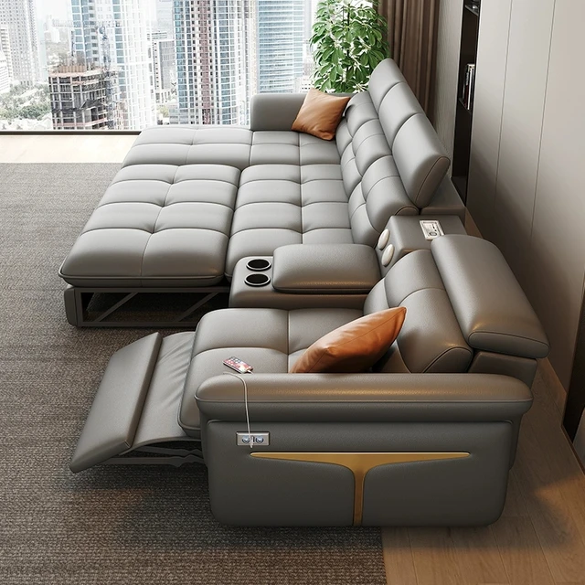 Modern Electric Recliner Sofa Bed with Adjustable Backrest, L-Shaped Multifunctional Italian Genuine Leather Sectional Couch