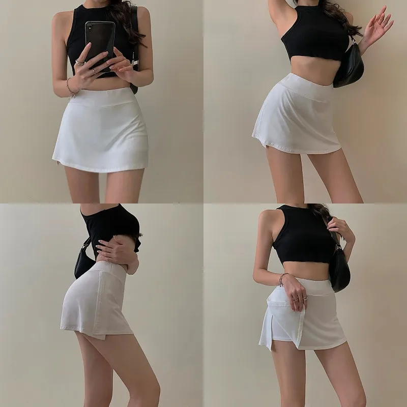 

Women Tennis Mini Skirt Solid High-Waist Sexy Girl Tight Bag Hip Short Skirt with Lining Shorts Summer Sports Split A-line Skirt