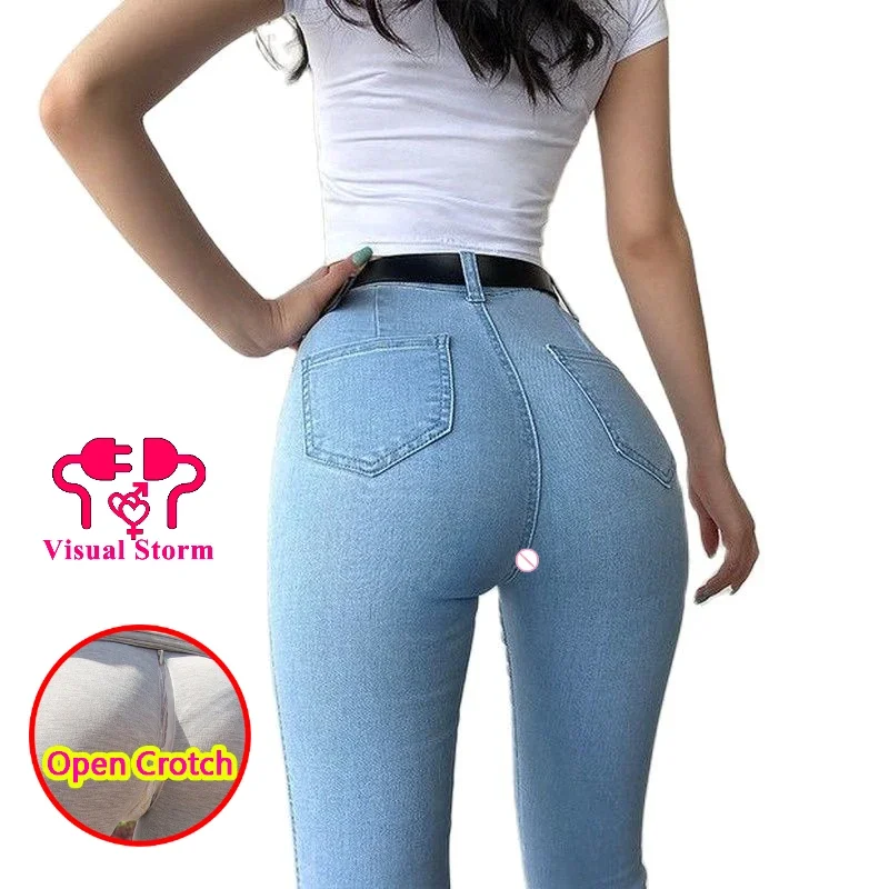 Woman Open Crotch Pants Three Zipper Sexy Jeans Crotchless  