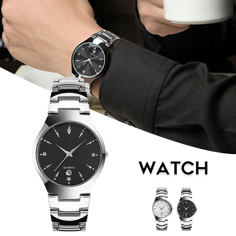 

Unisex Watch Single Calendar with Diamonds Tungsten Waterproof Quartz Watches Couple Wrist Decorations H9