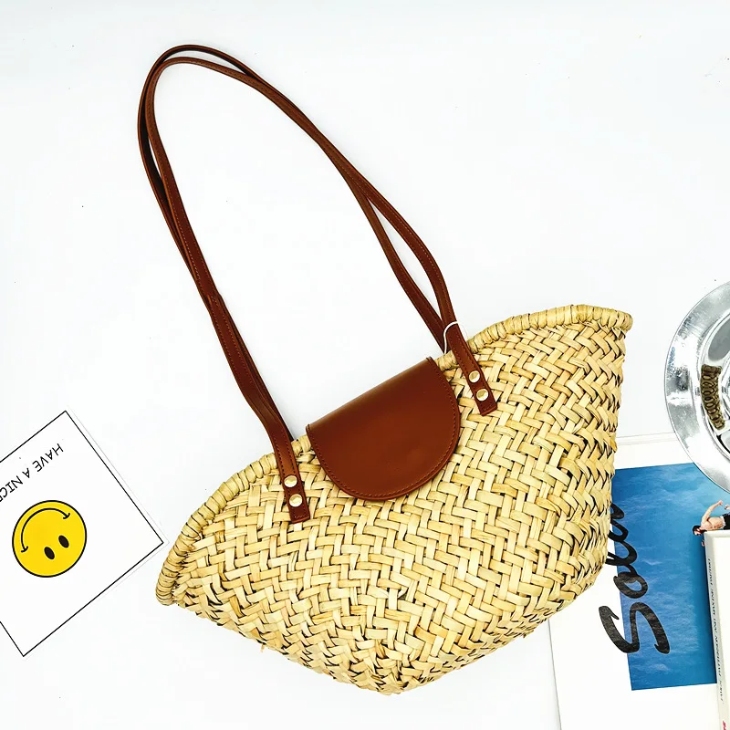 Straw Woven Handbags For Women Handmade Travel Seaside Beach Bag Summer New Handle Bucket Bag Shopping Tote Bag Basket Bolsa