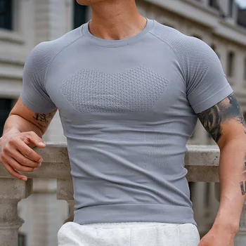 T-shirt sportiva da corsa a maniche corte da uomo, abbigliamento a compressione ad alta elasticità, traspirante, anti-sudore e ad asciugatura rapida