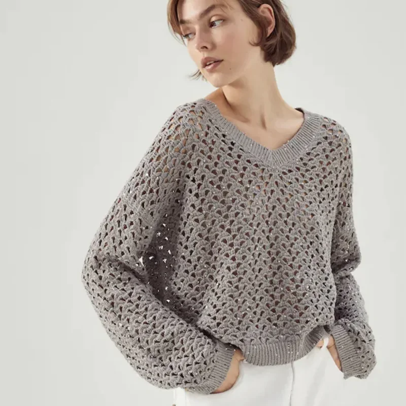 

B/C brand 2024 spring new Lightweight Sweater For Women Long Sleeve Dazzling Lace Knitwear Pullover V Neck Tops Female Clothing