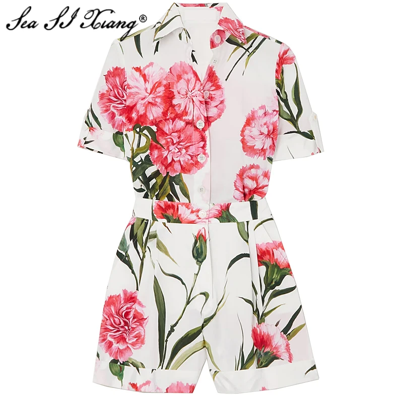 

Seasixiang Fashion Designer Spring Summer 100% Cotton Rompers Women Short Sleeve Flower Print Pockets Casual Rompers