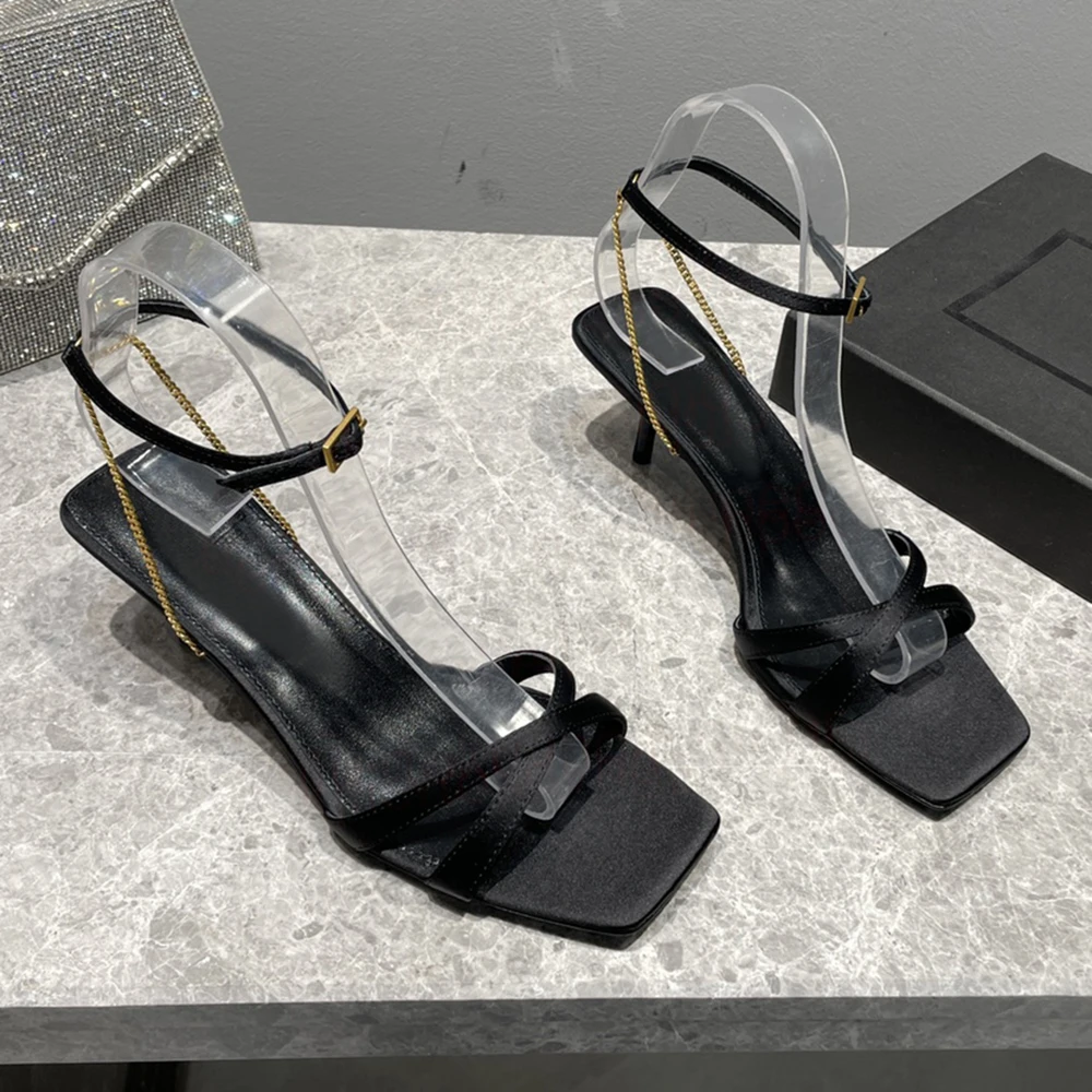 

Босоножки женские с квадратным носком, шелковые элегантные модные туфли на низком каблуке, Повседневная летняя обувь, черные, 2023