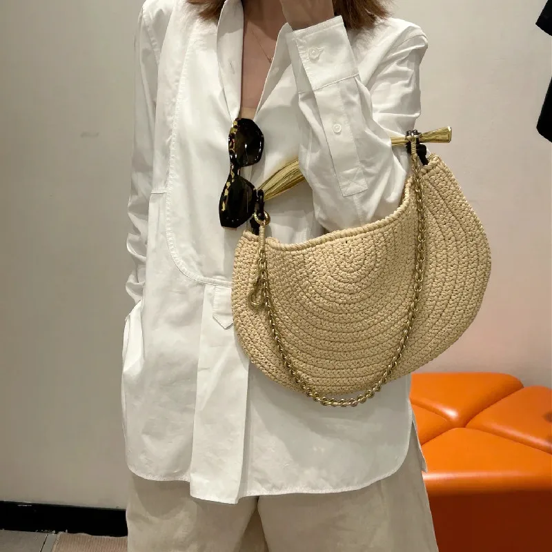 Classic Beach Straw Woven Bags For Women Luxury Designer Handbag Purse 2025 New In Sequined Handle Chain Strap Underarm Shoulder