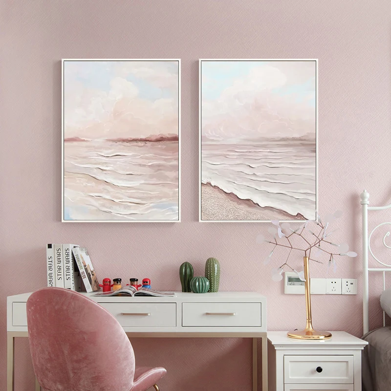 

Modern Abstract Painting, Sea Canvas Painting, Pink Warm Poster, Bedroom Bedside Sea Print Mural, Hanging Painting Nordic Living
