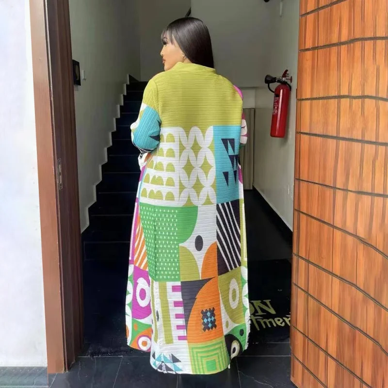 Miyake Pleated Print Dress Color Contrast Long Sleeve Relaxed Women\'s Long Casual Party Dresses of 2023 Summer New Fashionable