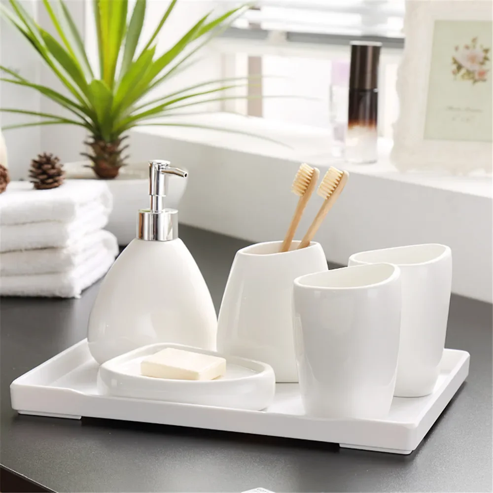 Home Washing Part Nordic Bathroom Wash Accessory White Ceramic Soap Dispenser Bottle Mouthwash Cup Soap Dish Toothbrush Cup 3