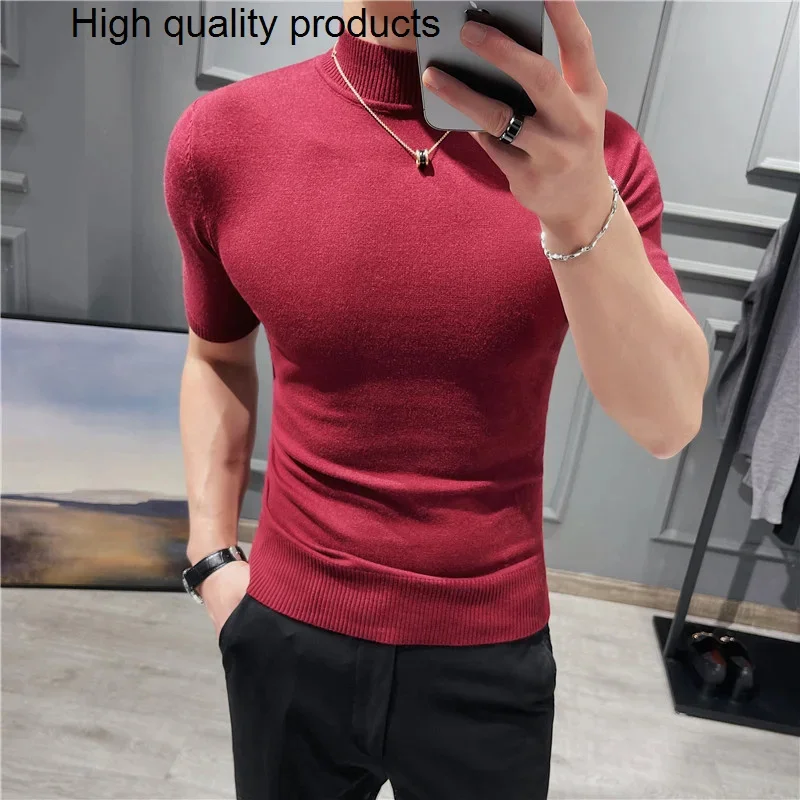 

2023 Brand Clothing Men's Sweater Pure Color Short Sleeves Semi High Necked Pullover for Male Knit Tops Plus size S-3XL