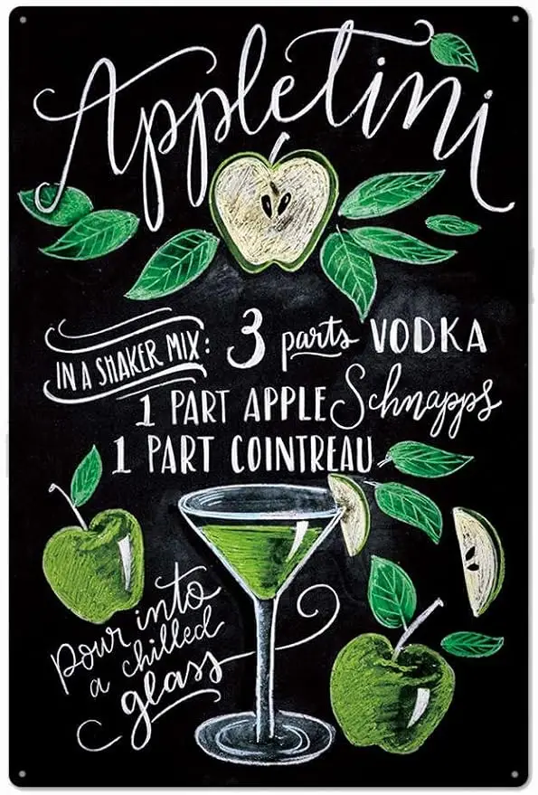 

Vintage Old Iron Plaque | Appletini Cocktail Recipe Antique Iron Artwork Tinplate Wall Decoration | Retro Tin Metal Sign