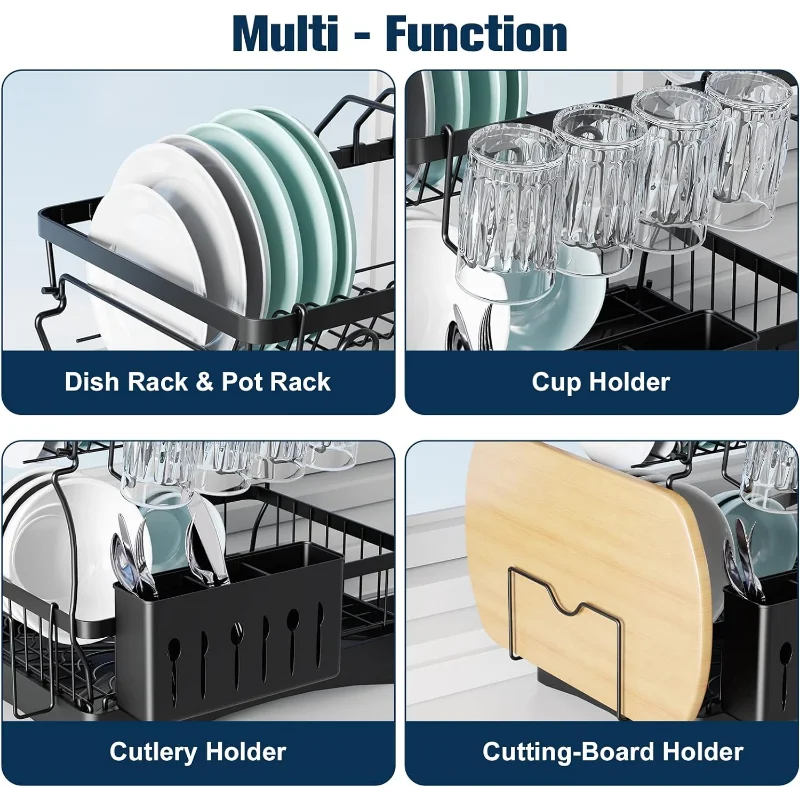 Aonee 2 Tier Dish Drying Rack with Drainboard, Cutlery Holder,  Cutting-Board/ Cup Holder and 3 Hooks for Kitchen Counter, Rust-Proof Large  Dish