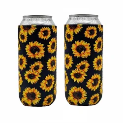 Set of 2 Collapsible Neoprene Beverage Cooler Sleeves for Tall Cans and Bottles (Sunflower)