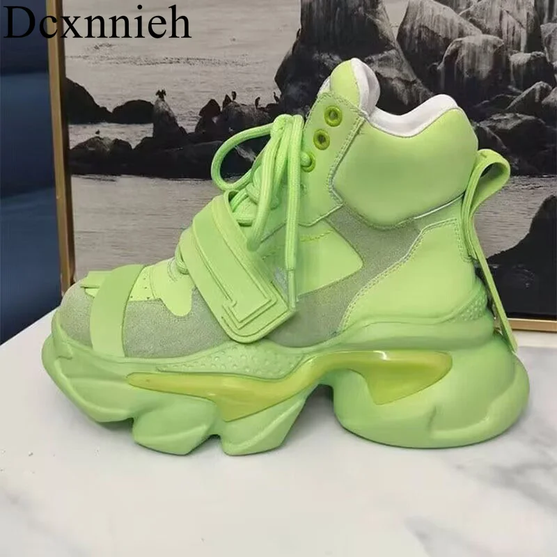 

Real Leather Lace Up Breathable Platform Daddy Shoes Women Thick Sole Casual Shoes Autumn Round Toe Mixed Color High Top Shoes