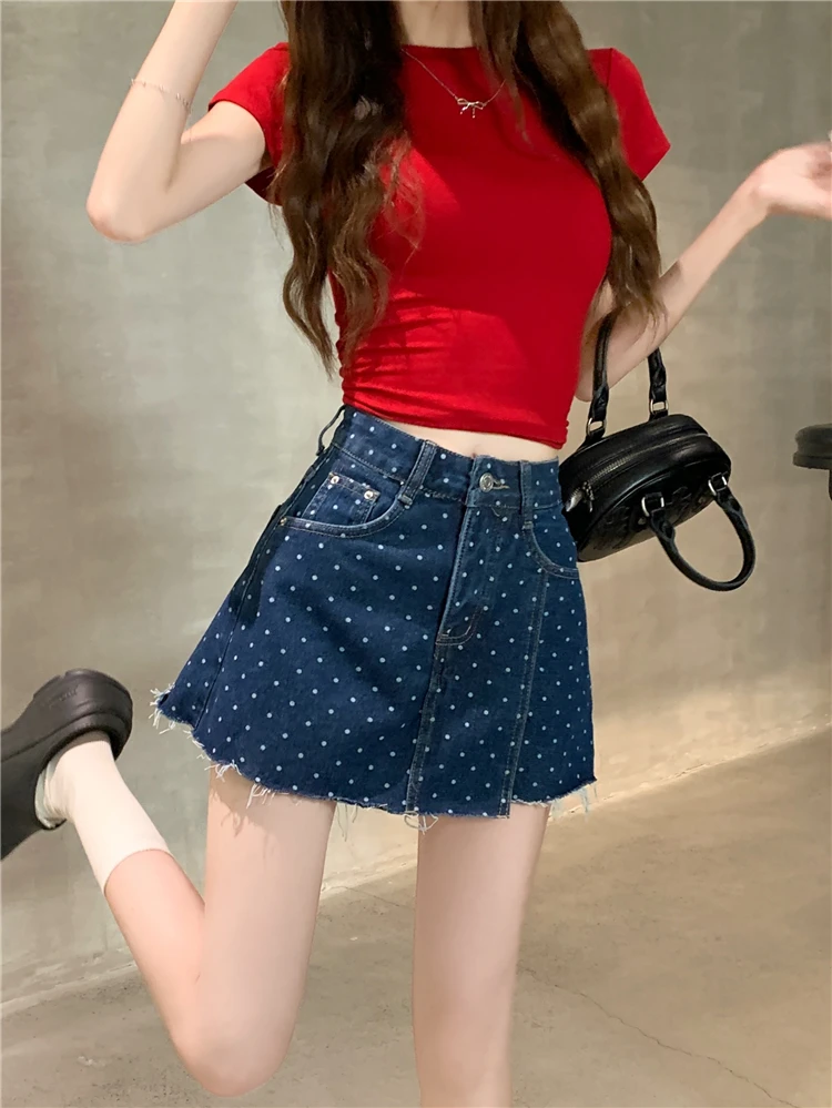 

Benuynffy Polka Dot Jean Shorts Skirts Women Summer 2024 Korean Fashion Pockets High Waist Vintage Raw Hem Denim Shorts Female