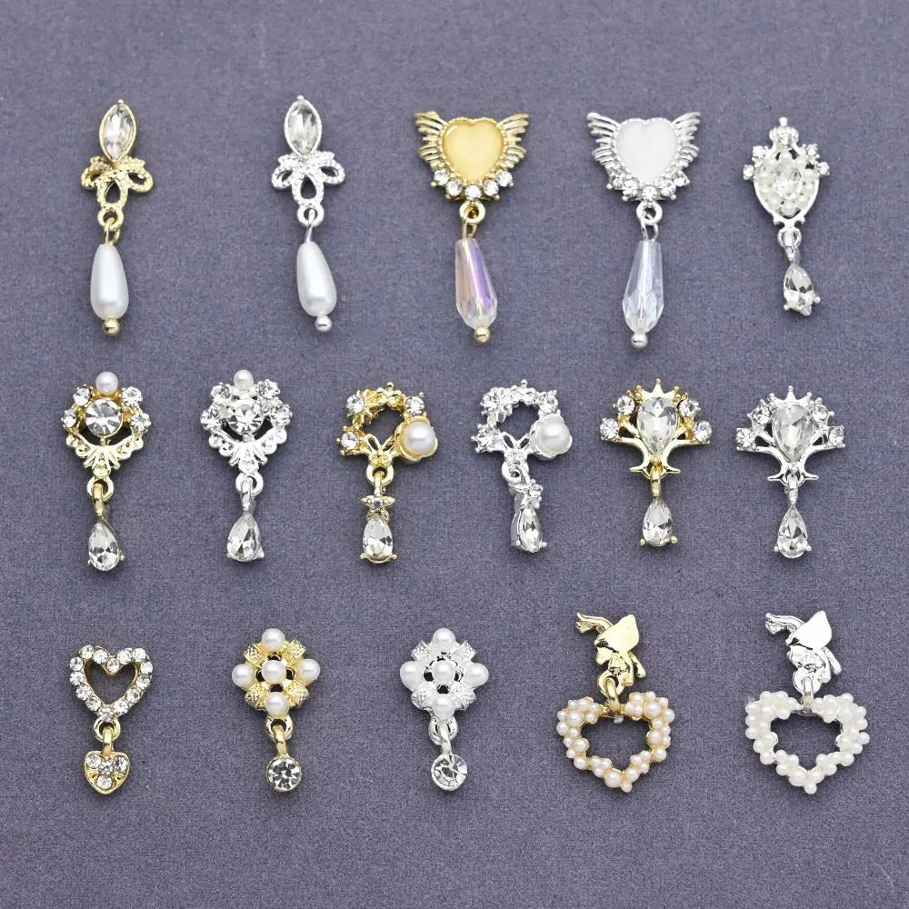 10Pcs 3D Dangle Nail Charms Nail Jewelry Rhinestones Heart Pearl Crystal Gems For Nail Art Decorations Metal Luxury Nail Charms