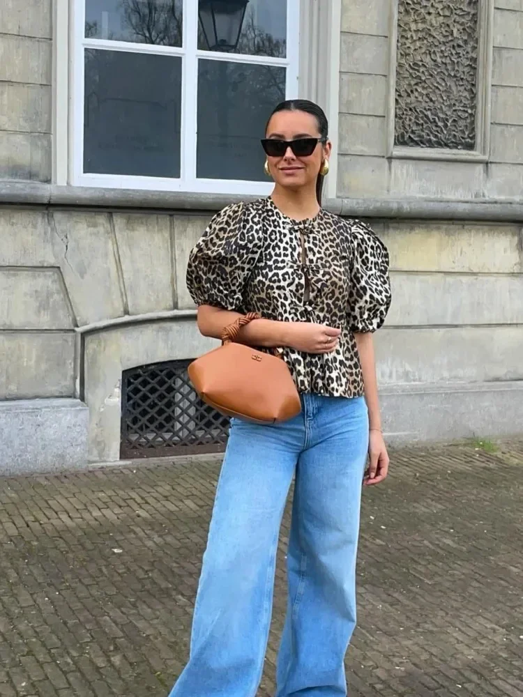 Leopard Print Lace Up Bow Vest Women Vintage Elegant V-Neck Hollow Out Sleeveless Lady Top Summer Split Casual Female Blouses