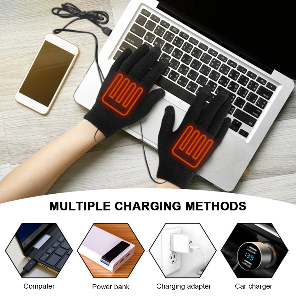 USB Heated Knitted Gloves Full Finger Gloves Non-Slip Touch Screen Gloves Thicken Winter Cycling Gloves for Autumn Winter