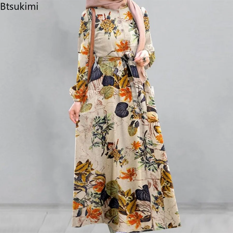 New Fashion Women's Floral Print Cotton Linen Dress Hijab Muslim Long Sleeve Abayas Ladies Elegant Vintage Party Dress with Belt