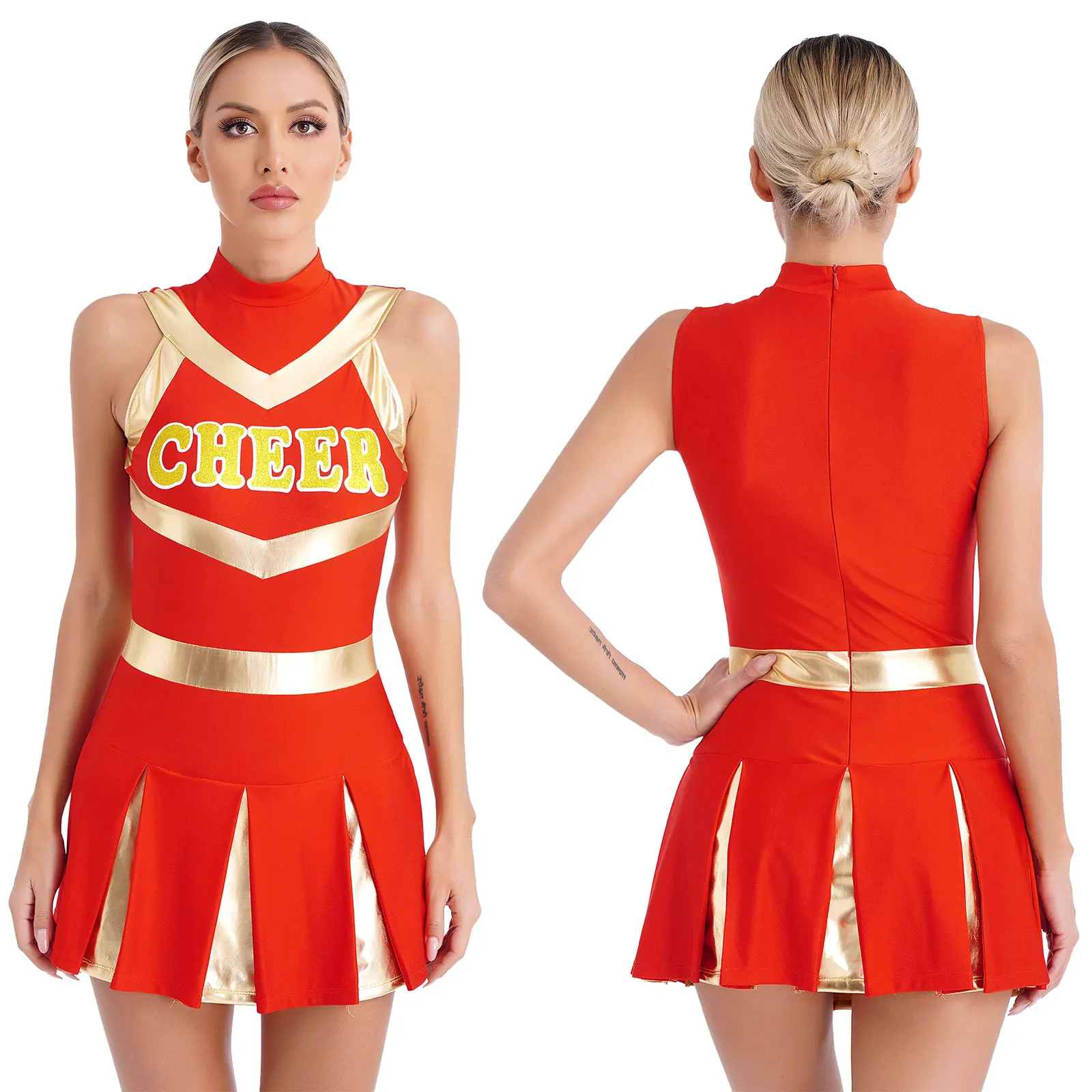 

Womens Cheerleading Cosplay Costume School Girl Cheerleader Uniform Carnival Party Performance Sleeveless Pleated Print Dress