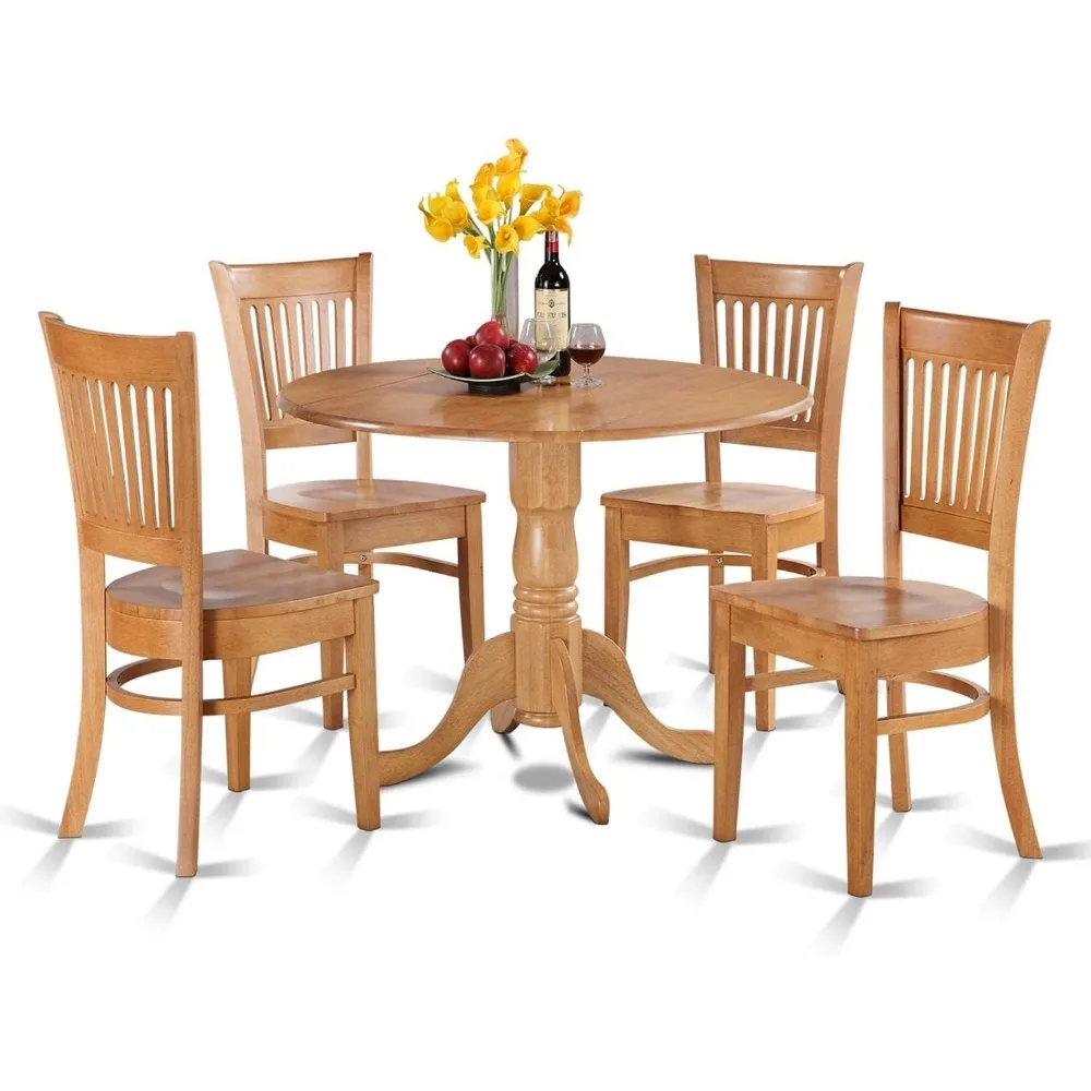 5 Piece Modern Set Includes a Round Wooden Table with Dropleaf and 4 Dining Room Chairs