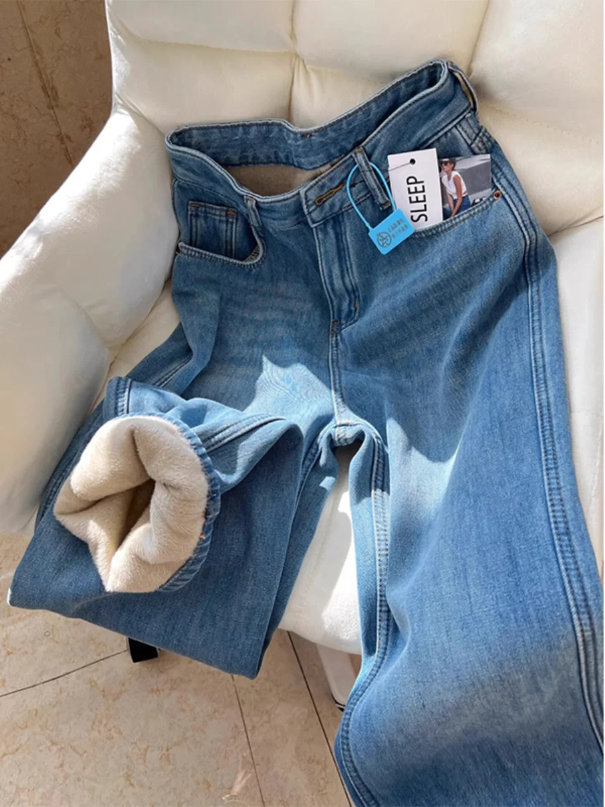 High Waist Fce Lined Thi Straight Leg Jeans Women's Autumn New Sle Loose Slim Wide Leg Pants Floor Length Trousers