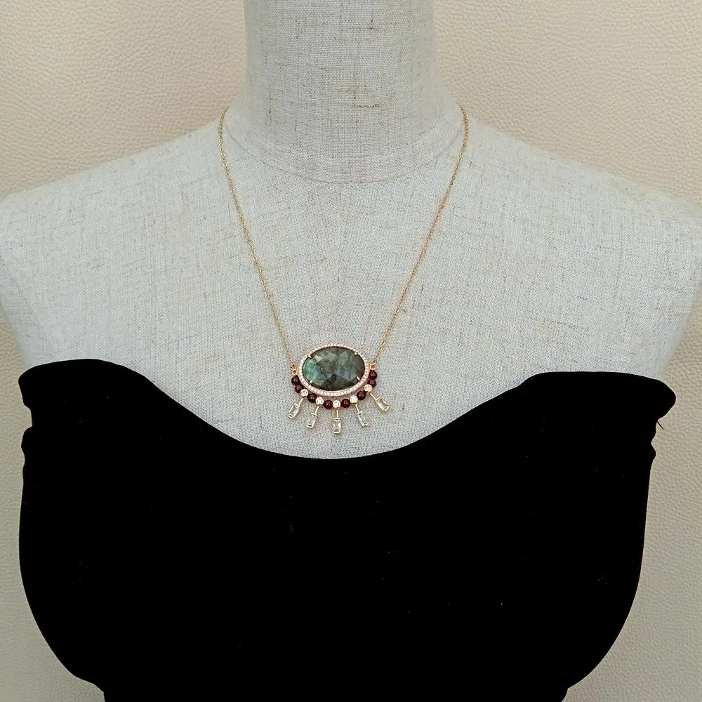 2x30mm Natural Labradorite Garnet Cz Beads Faceted Gemstone Gold Plated Chain Necklace pendant necklace,silver necklace,gold necklace