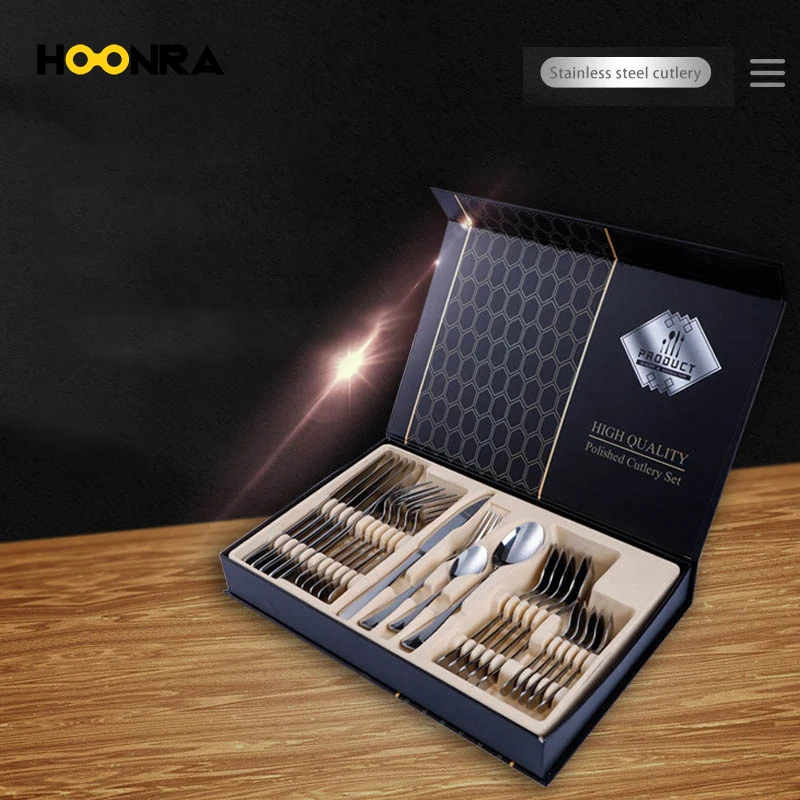 

HOONRA 24 шт. золотые столовые приборы, зеркальные искусственные ножи из нержавеющей стали для стейка, вилка, ложка, высококлассные искусства с подарочной коробкой
