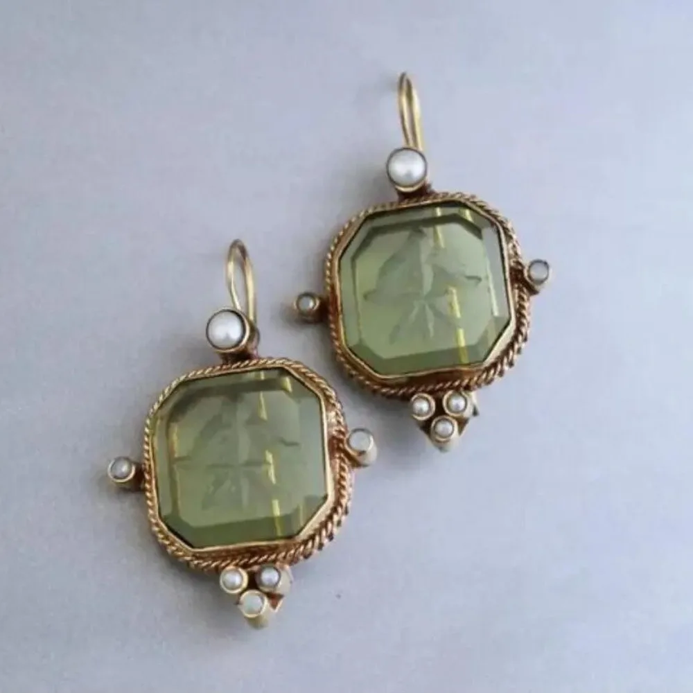 Square Shape Dangle Earrings Green Color Elegant Pearl Earrings New Vintage Trend Sweet Green Zircon Earrings for Women