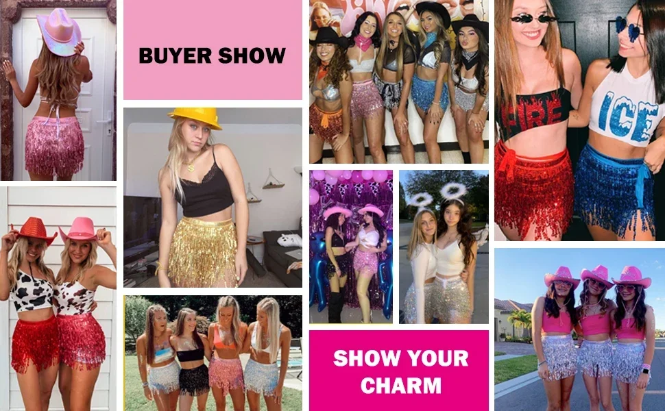 Description Picture 4 of item1-6PCS Sequin Fringe Skirts Belly Dance Hip Scarf Sparkly Tassel Skirt Concert Outfit for Birthday Wedding Bachelor Party Favors